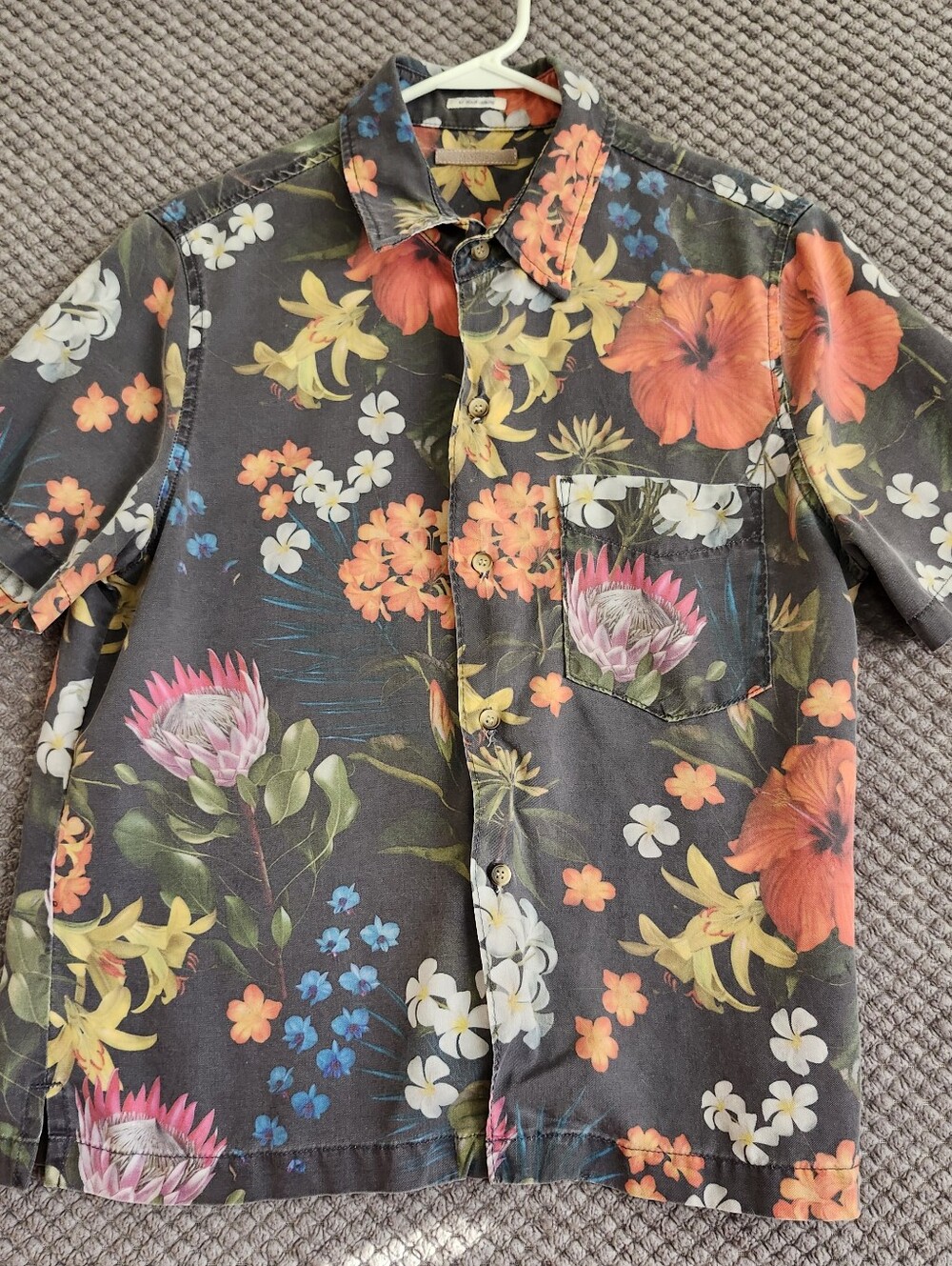 MOTHER Floral Button-Down Shirt — Charcoal with Orange, Yellow & Pink Blooms